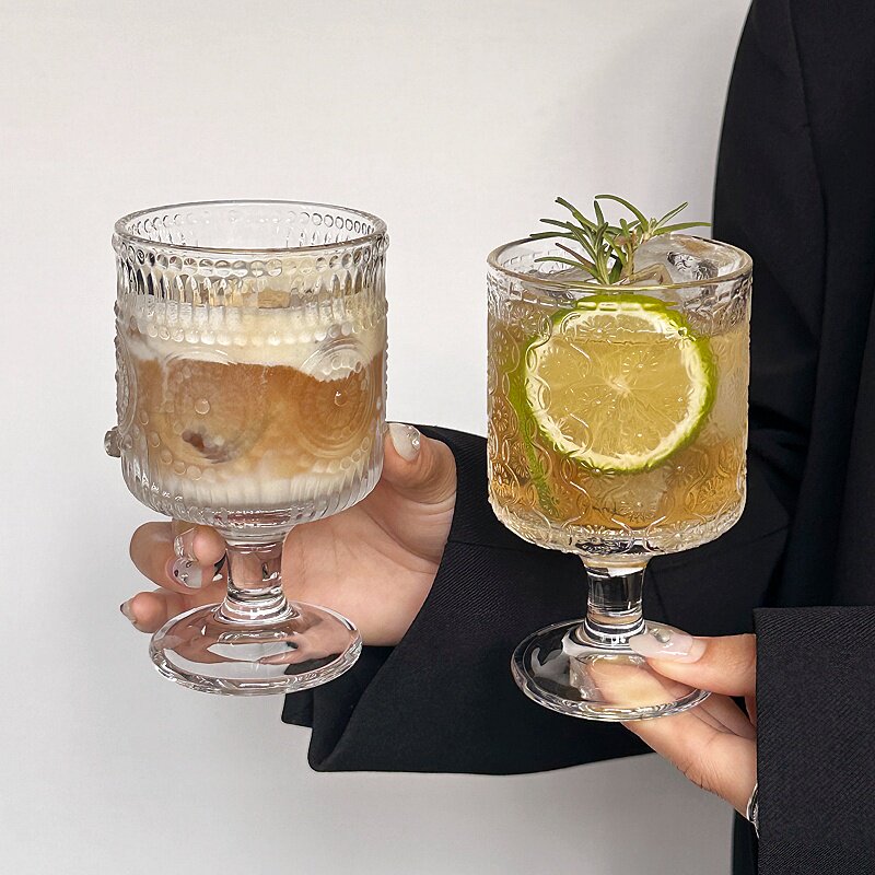 Sunflower Embossed Glass Cup Vintage Style Goblet Drinkware