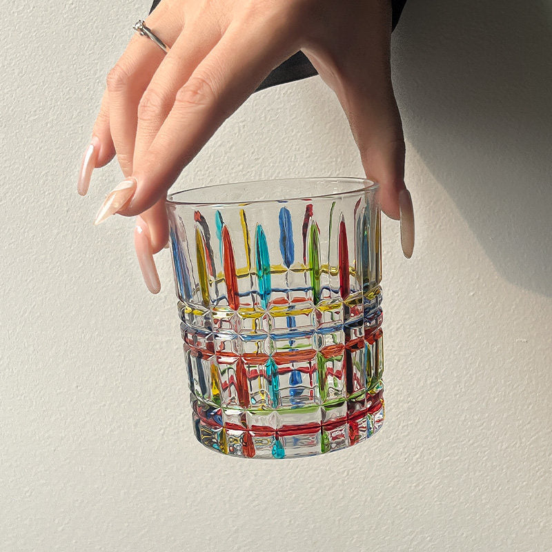 Rainbow Iridescent Glass Tumbler Hand Painted Checkered Cup