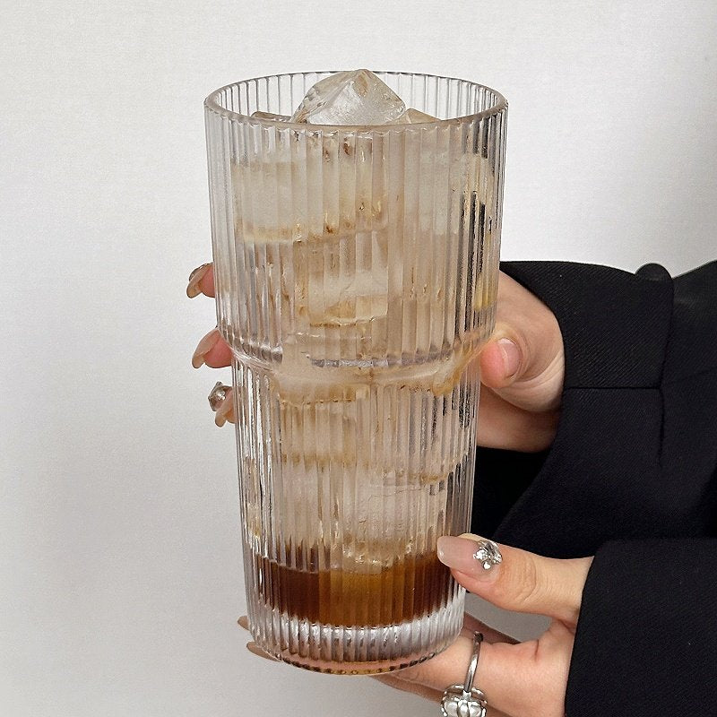 Vintage Ribbed Glass Cup Stackable Iced Coffee Latte Tumbler