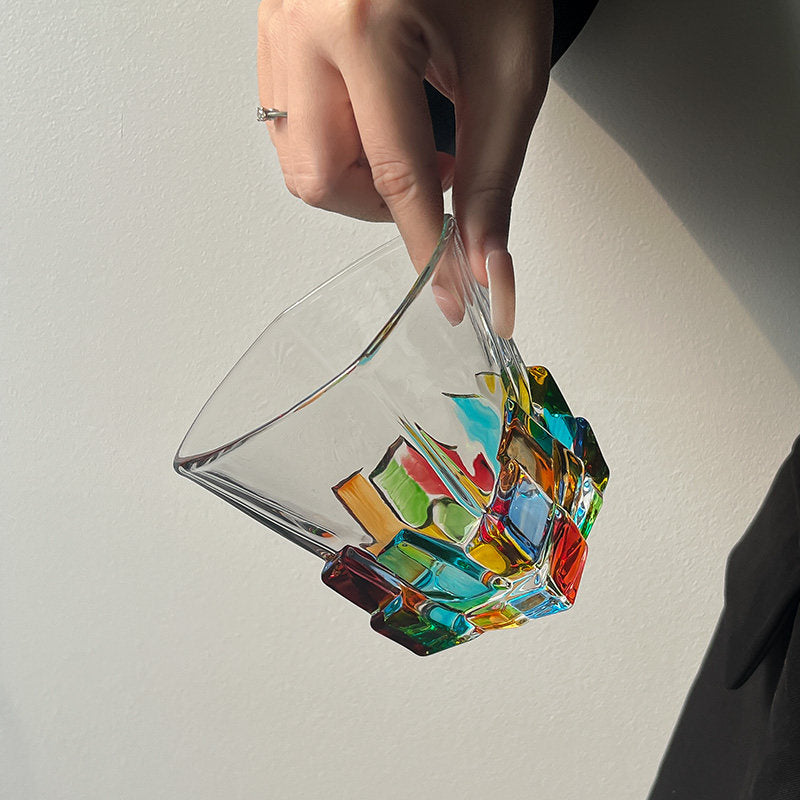 Rainbow Iridescent Glass Tumbler Hand Painted Checkered Cup