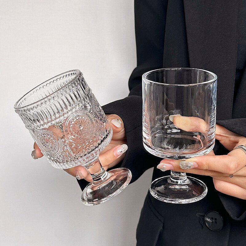 Sunflower Embossed Glass Cup Vintage Style Goblet Drinkware