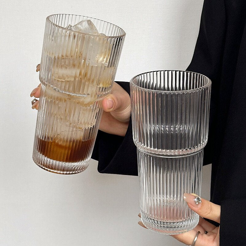 Vintage Ribbed Glass Cup Stackable Iced Coffee Latte Tumbler