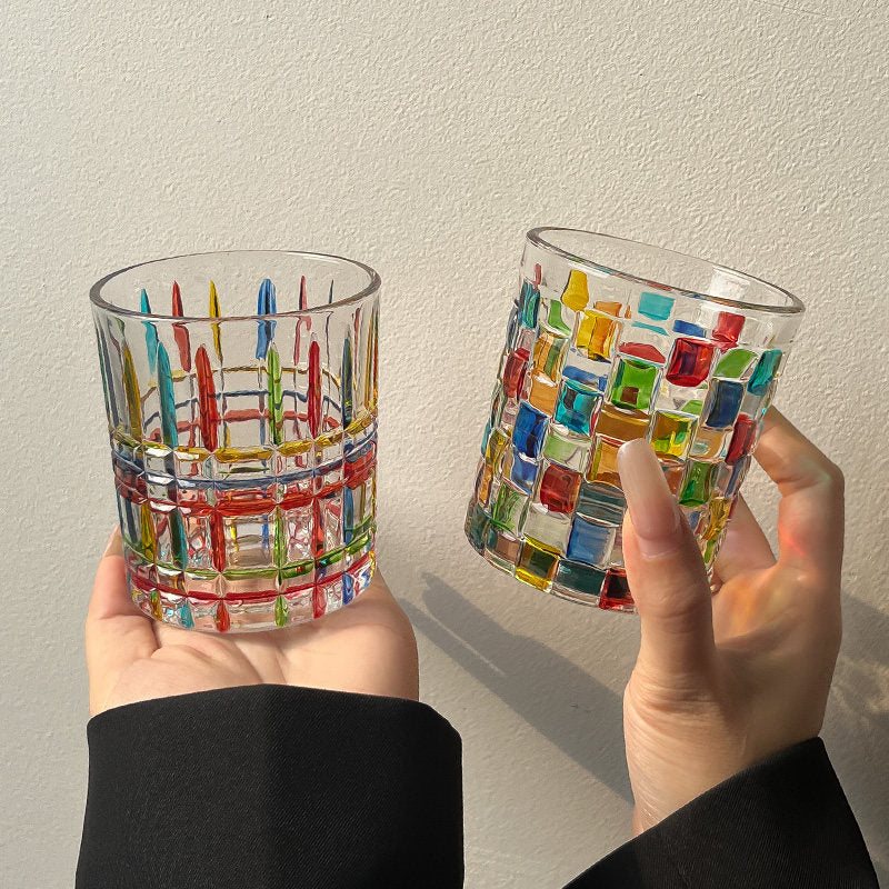 Rainbow Iridescent Glass Tumbler Hand Painted Checkered Cup