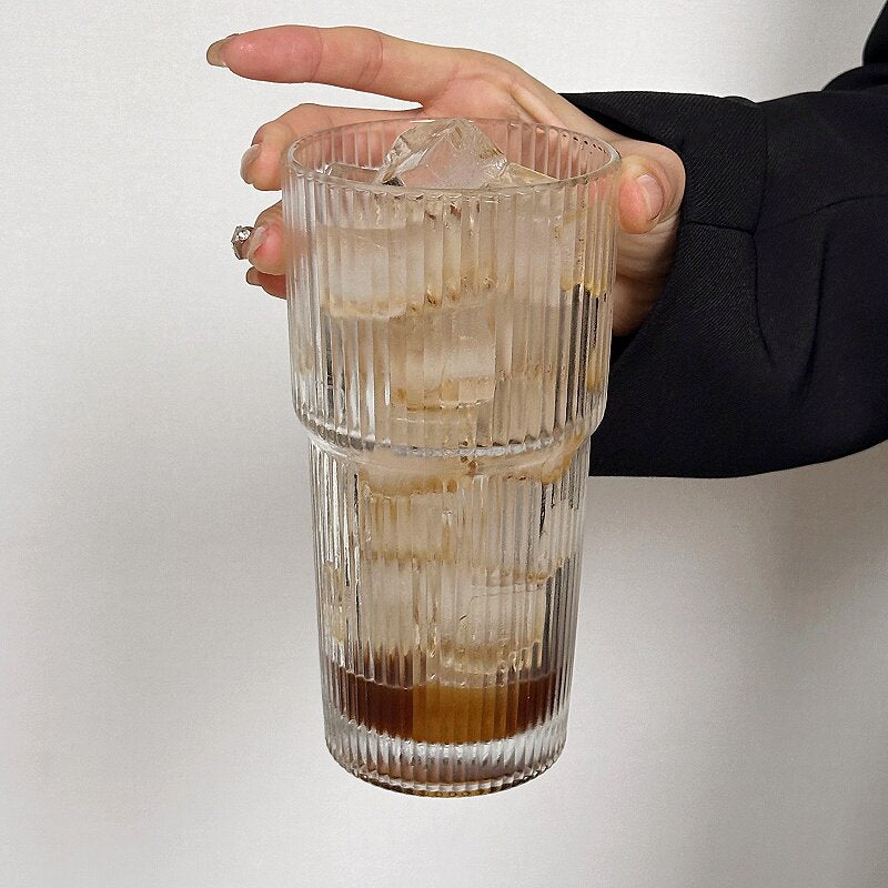 Vintage Ribbed Glass Cup Stackable Iced Coffee Latte Tumbler