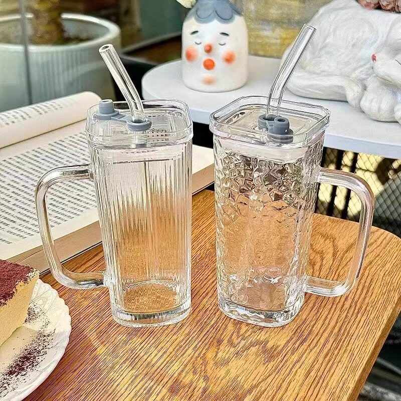 Glass Drink Cup with Straw and Handle Coffee Milk Tumbler