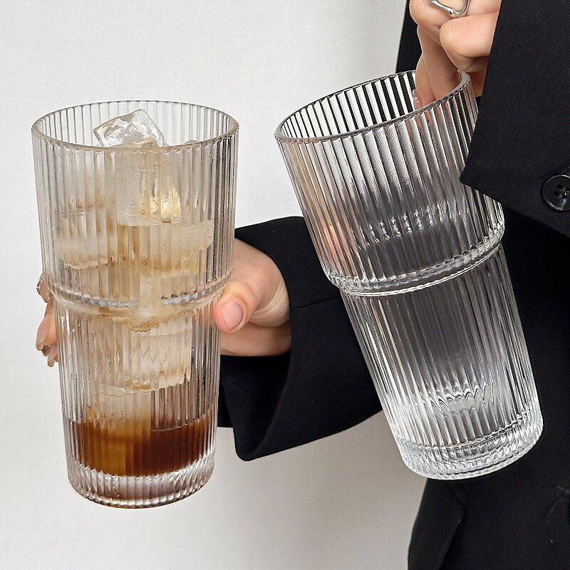 Vintage Ribbed Glass Cup Stackable Iced Coffee Latte Tumbler