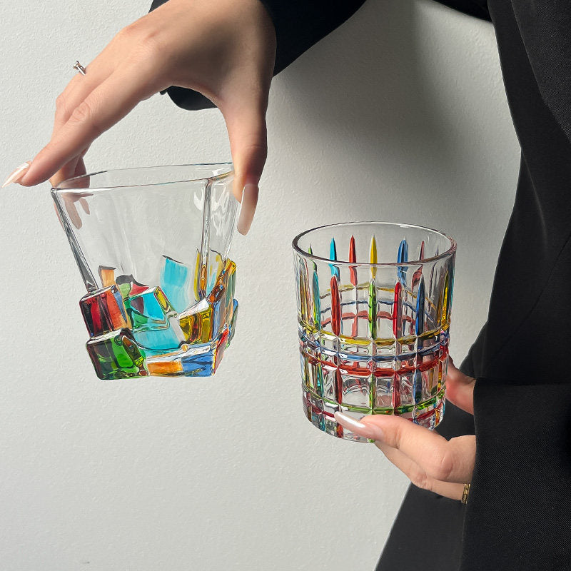 Rainbow Iridescent Glass Tumbler Hand Painted Checkered Cup