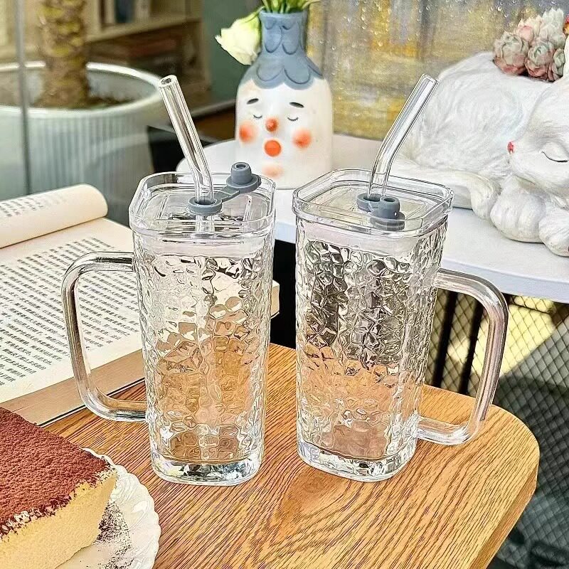Glass Drink Cup with Straw and Handle Coffee Milk Tumbler