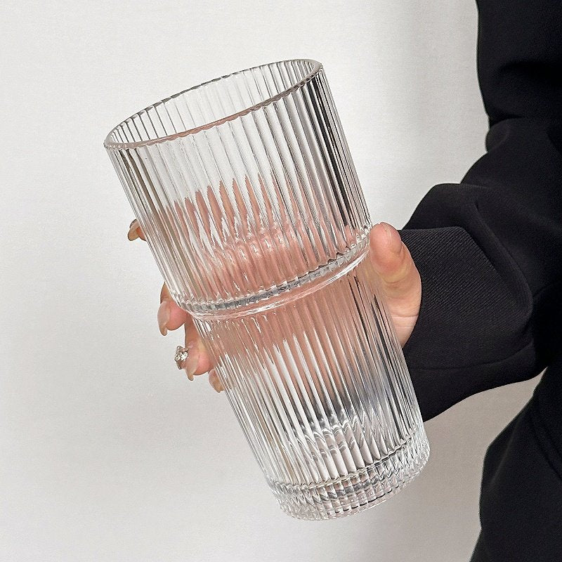 Vintage Ribbed Glass Cup Stackable Iced Coffee Latte Tumbler