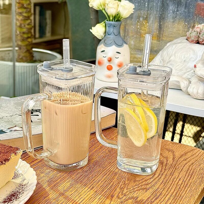 Glass Drink Cup with Straw and Handle Coffee Milk Tumbler