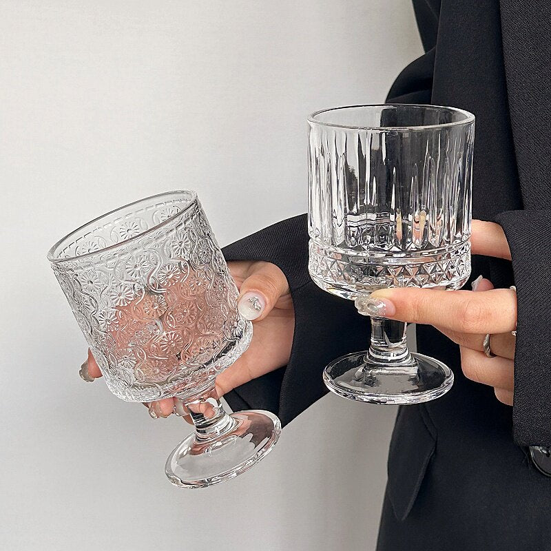 Sunflower Embossed Glass Cup Vintage Style Goblet Drinkware